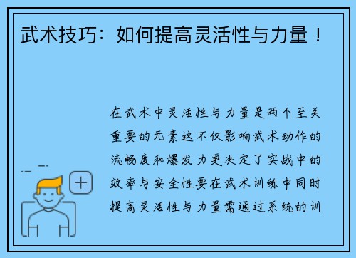 武术技巧：如何提高灵活性与力量 !